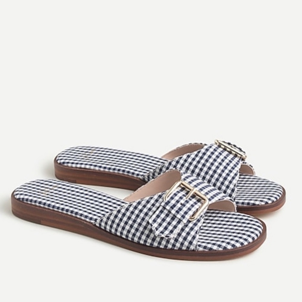 NIB J.Crew blue check printed buckle flat sandals Sz 7.5